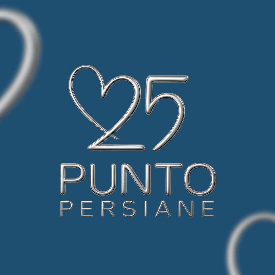 A celebratory graphic featuring a blue background with the official logo of Punto Persiane's 25th anniversary (2001–2026)